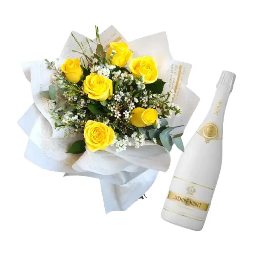 Ramo de 6 flores rosas amarillas con papel coreano y jasmine whi